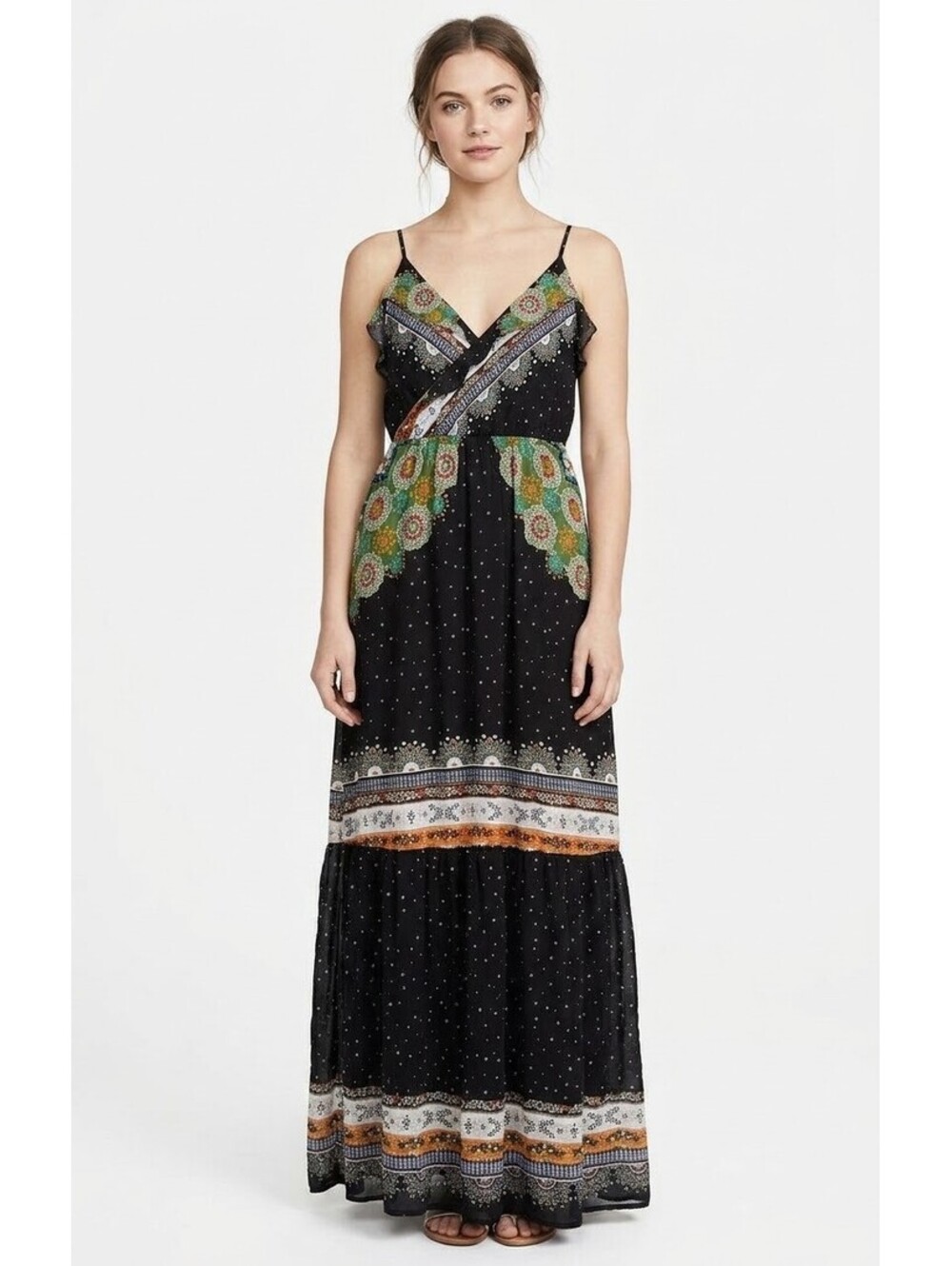 Farm Rio Black Floral Print Maxi Dress with Spaghetti Straps
